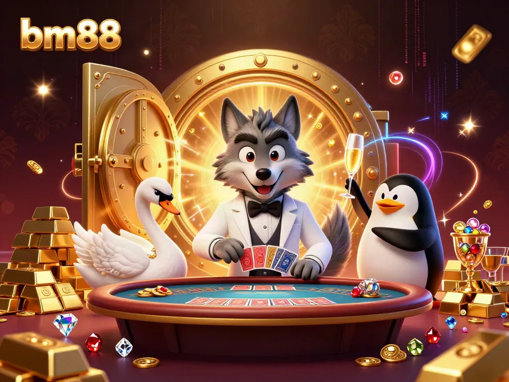 Baccarat scene with bm88 branding featuring a debonair wolf, elegant swan dealer, and penguin sommelier amidst gold treasures.