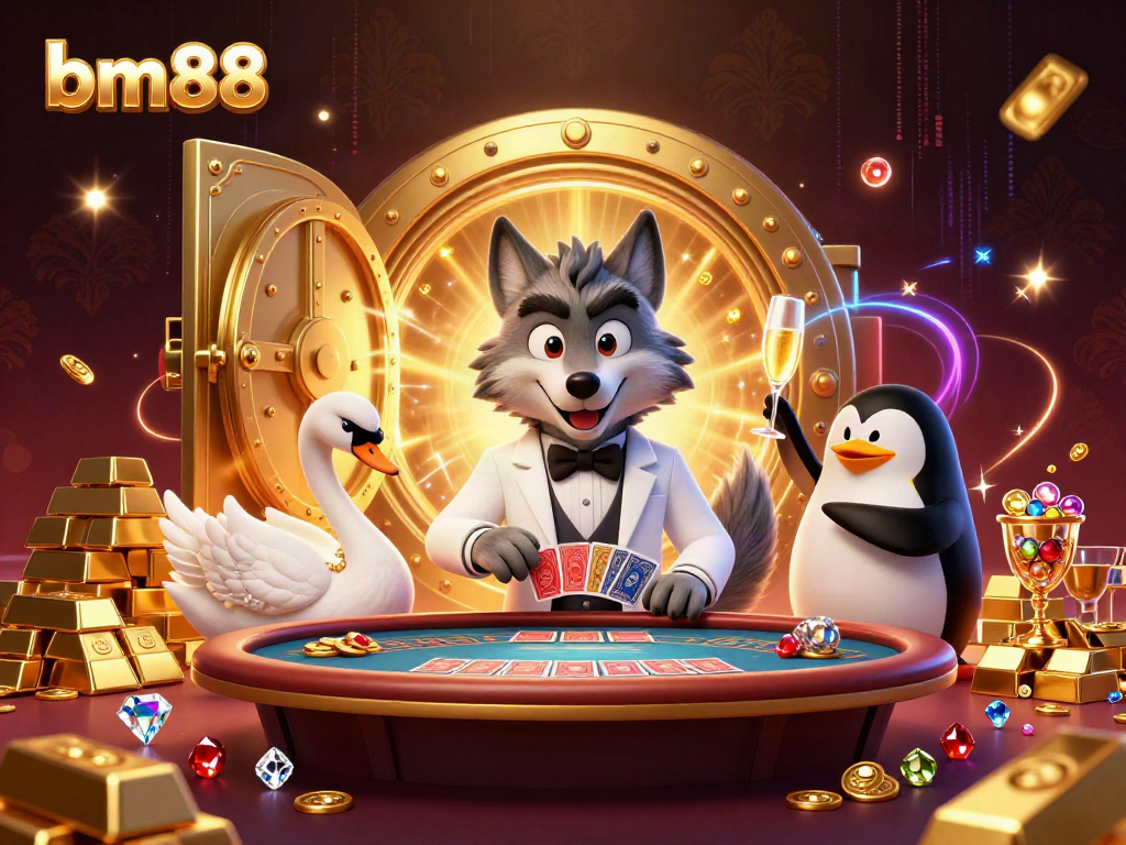 Baccarat scene with bm88 branding featuring a debonair wolf, elegant swan dealer, and penguin sommelier amidst gold treasures.
