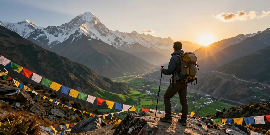 Viajero en el Manaslu Trek disfrutando de vistas panorámicas de montañas nevadas y valles verdes durante el atardecer.
