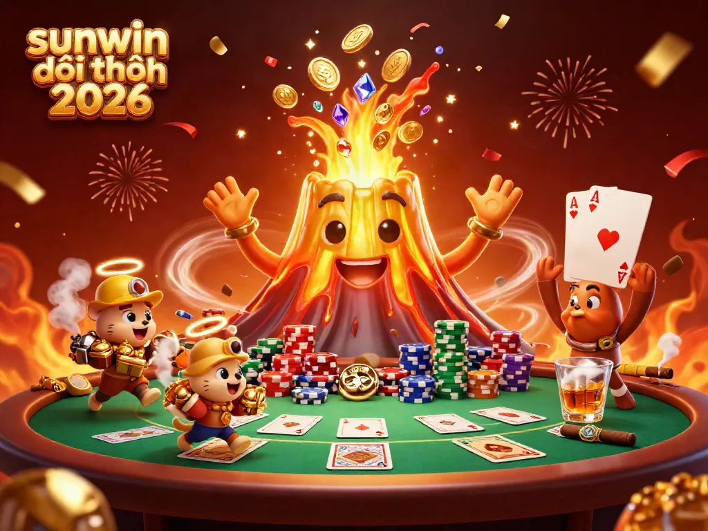 Experience the excitement of sunwin đổi thưởng 2026 with a vibrant erupting volcano showering treasures amidst a lively casino scene.