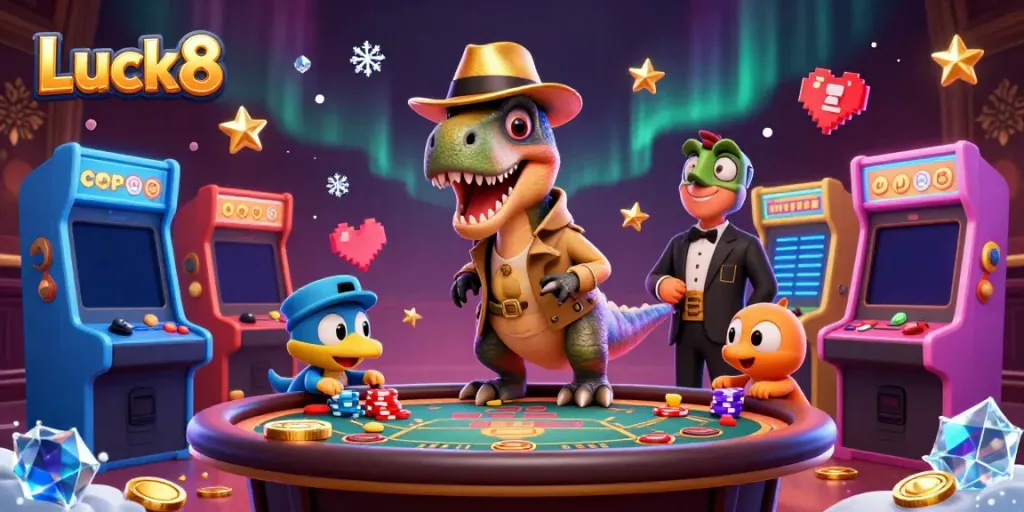 Luck8 showcases a 3D velociraptor card counter and a stegosaurus pit boss in a vibrant casino scene with gaming elements.
