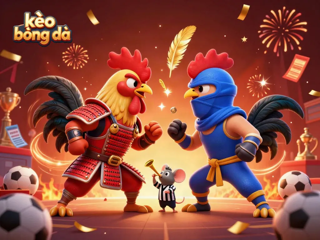 Engage in thrilling kèo bóng đá action with fighting roosters and sports elements in a vibrant 3D scene.