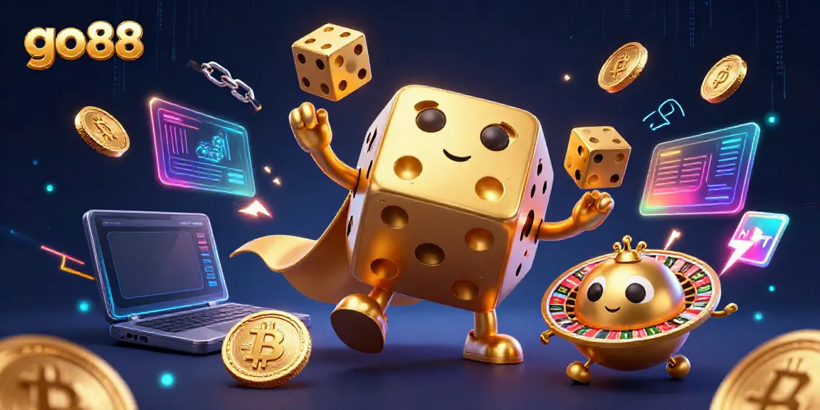 Experience fun and excitement with the go88 golden dice golem and casino elements in a vibrant illustration.