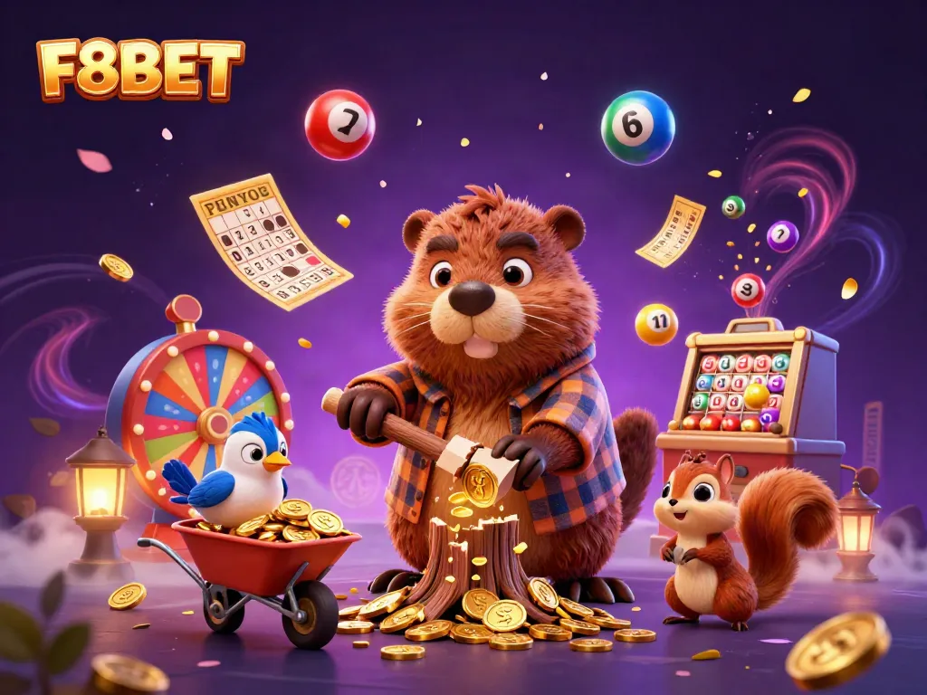 Experience F8BET's enchanting world with joyful characters and dynamic lottery elements raining gold.