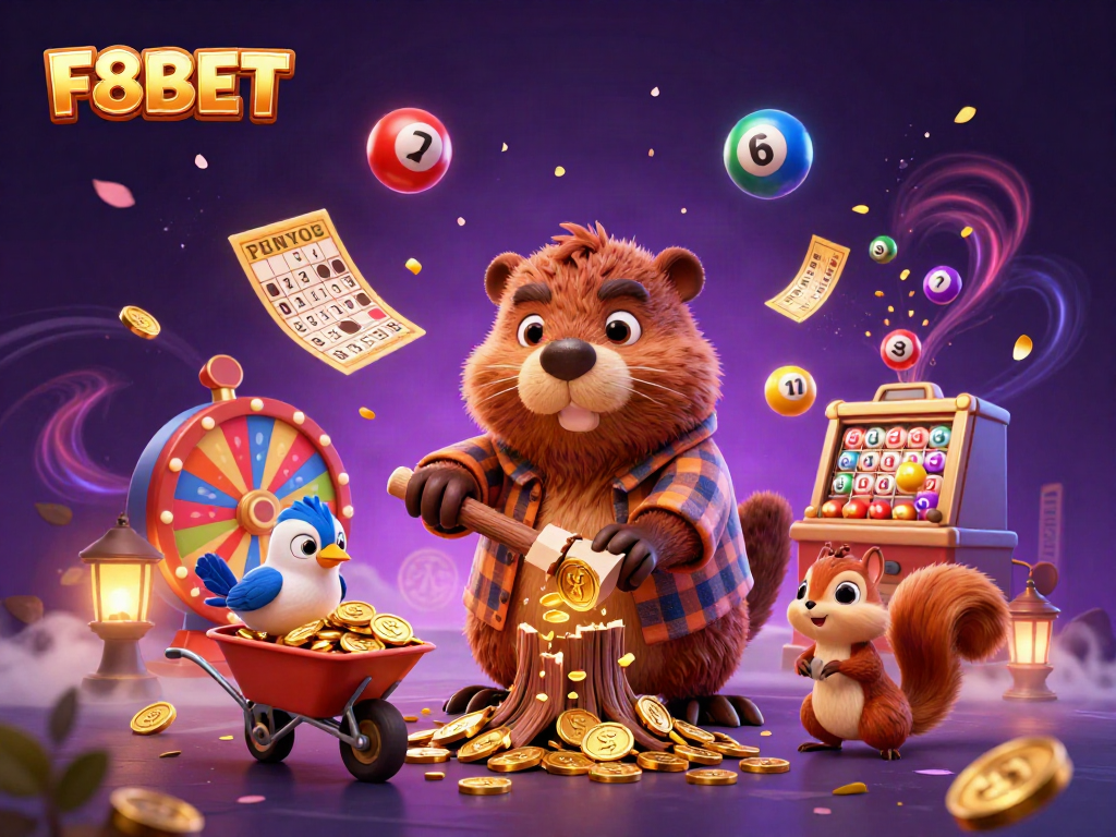 Experience F8BET's enchanting world with joyful characters and dynamic lottery elements raining gold.