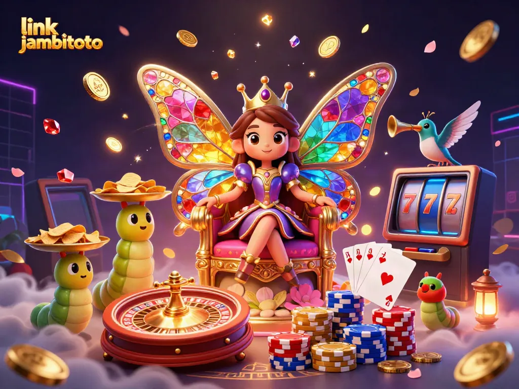 Engage with "link jambitoto" featuring a vibrant butterfly queen in a dynamic casino scene full of sparkling elements.
