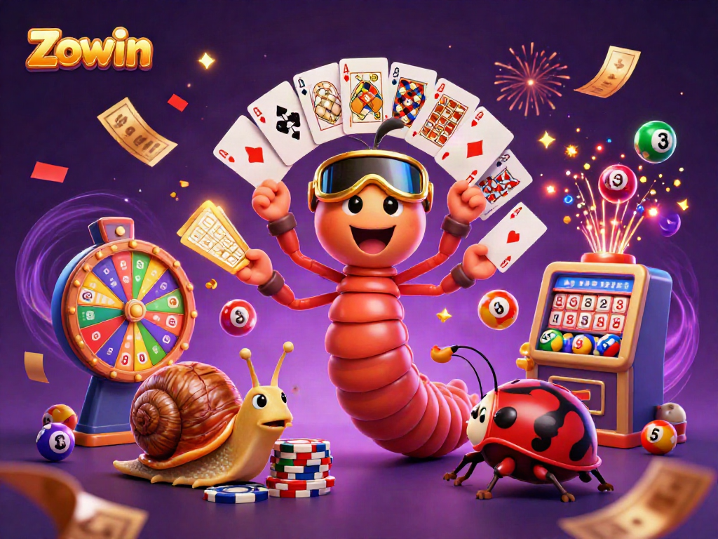 Zowin creates excitement with a vibrant casino illustration featuring a lively dealer, chip stacks, and lottery elements.