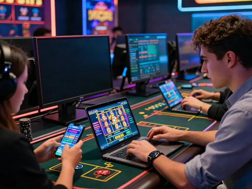 Engaged players enjoying online betting at https://8kbeteu.com/ with colorful games on their devices in a vibrant atmosphere.