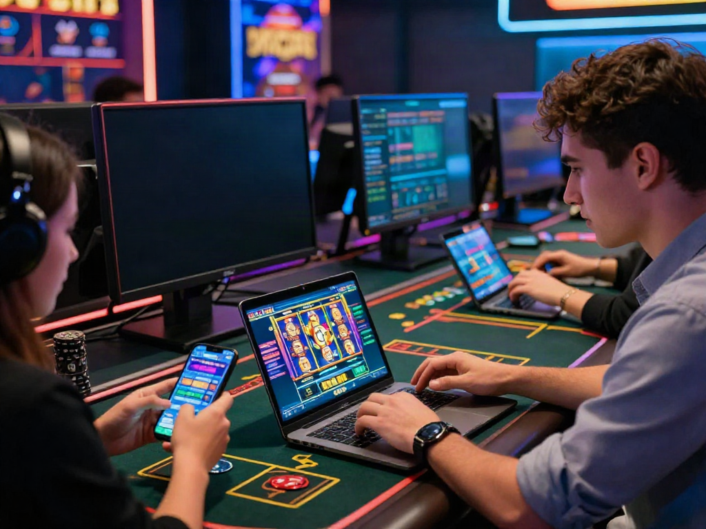 Engaged players enjoying online betting at https://8kbeteu.com/ with colorful games on their devices in a vibrant atmosphere.