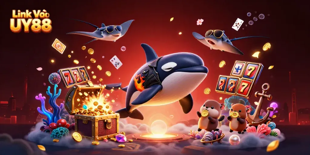 Win with excitement: Link Vào UY88 showcases a thrilling underwater casino adventure with vibrant characters and games.