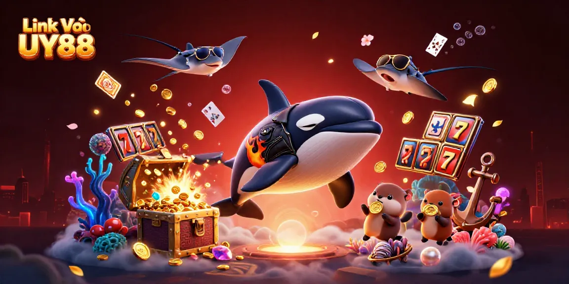 Win with excitement: Link Vào UY88 showcases a thrilling underwater casino adventure with vibrant characters and games.