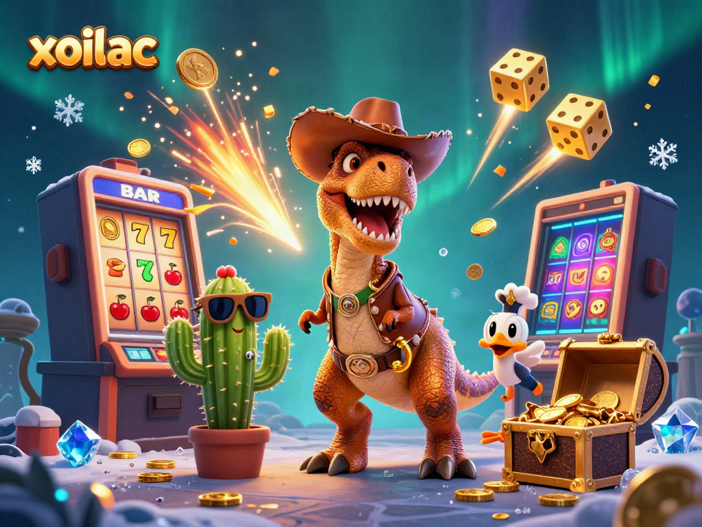 Xoilac showcases vibrant casino elements with a cartoon dinosaur and friends around a slot machine.