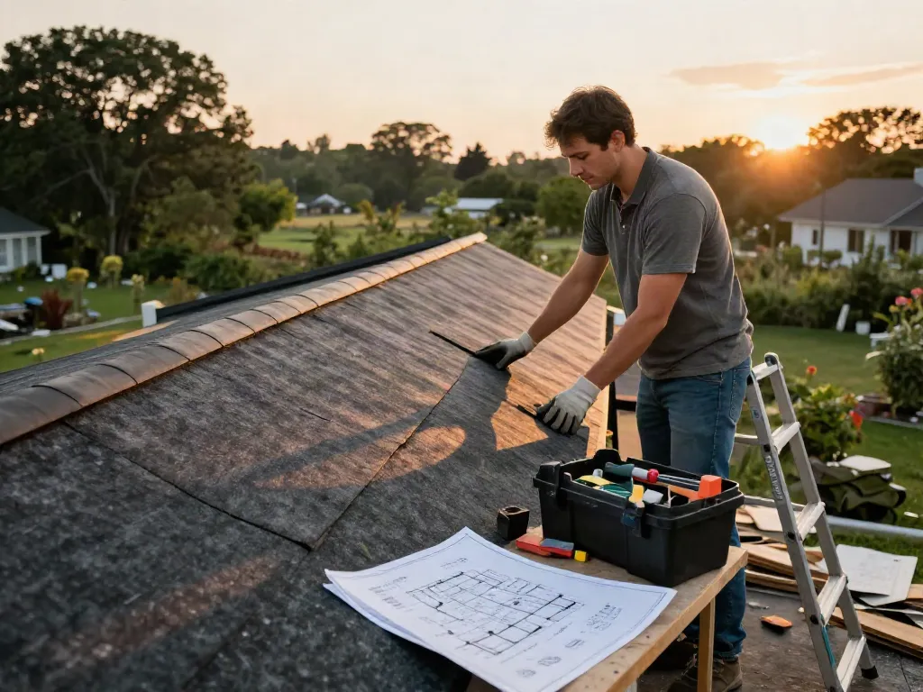 Homeowner inspecting felt roofing materials during a home renovation project, showcasing safe roofing practices and tools.