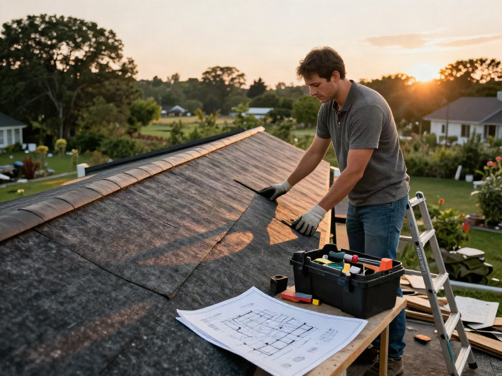 Homeowner inspecting felt roofing materials during a home renovation project, showcasing safe roofing practices and tools.