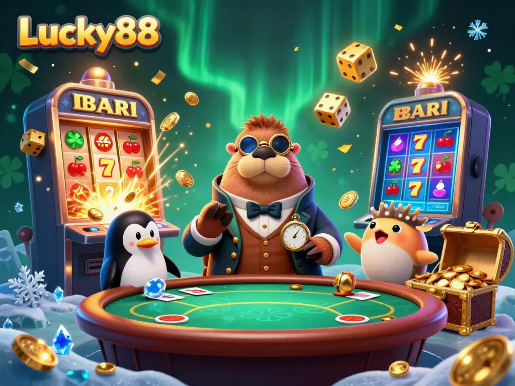 Experience thrilling moments with Lucky88 at this vibrant underwater poker setup featuring unique characters and playful gambling elements.