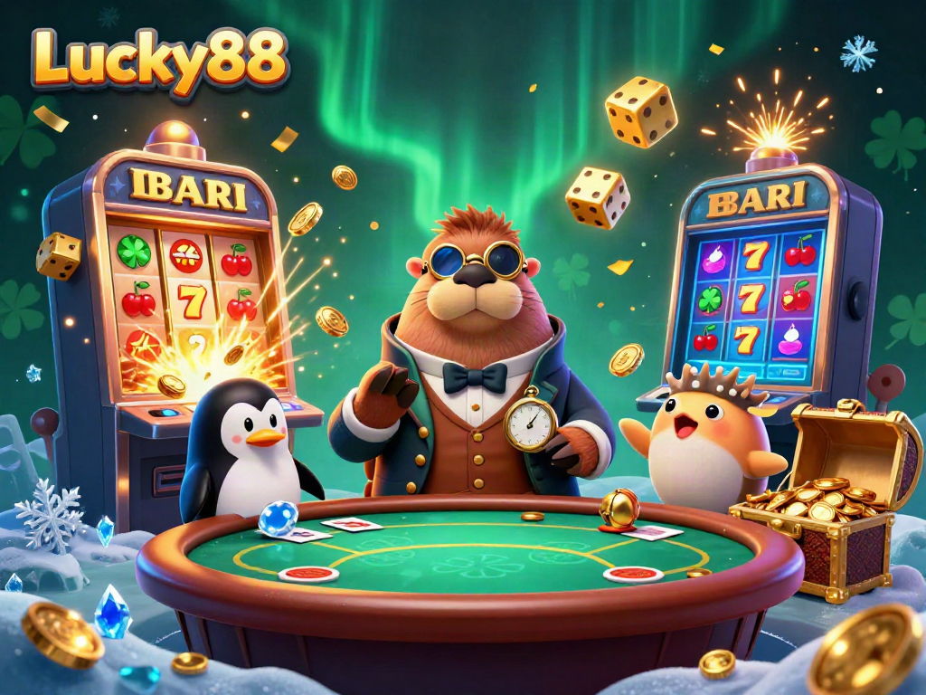 Experience thrilling moments with Lucky88 at this vibrant underwater poker setup featuring unique characters and playful gambling elements.