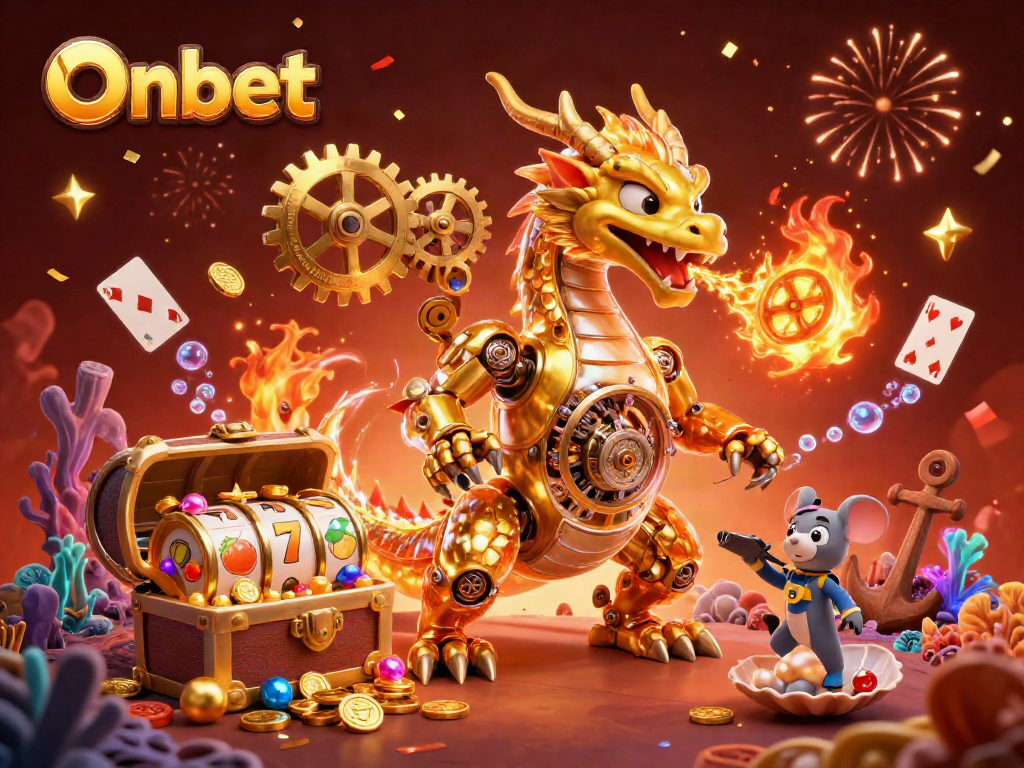 Experience the thrill of Onbet with a vibrant 3D dragon and exhilarating casino elements.
