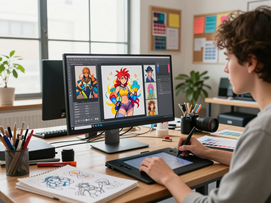 Engaged artist illustrating NSFW AI content in a creative studio.