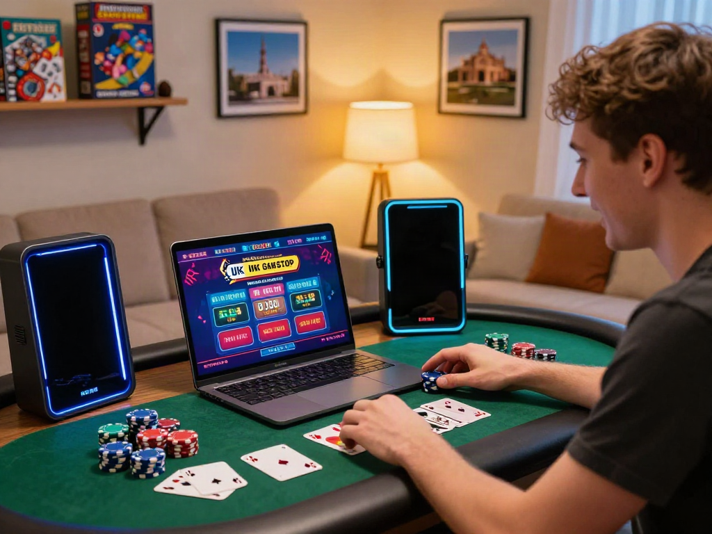Excited player at a laptop engaging with a UK casino not on Gamstop, surrounded by casino essentials in a cozy setting.