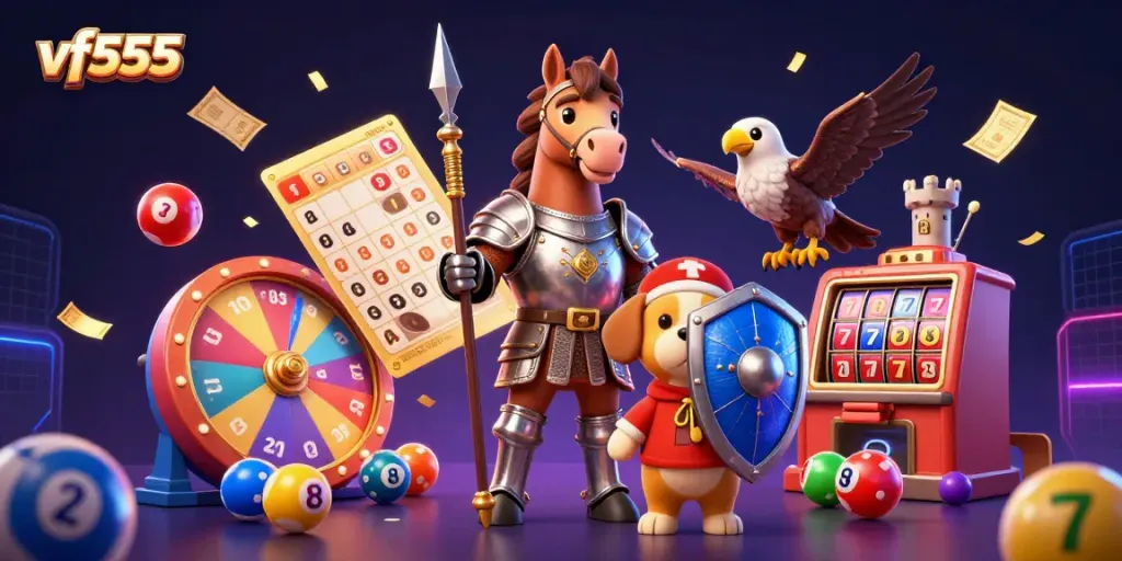 Engage with vf555's vibrant gaming world as lottery elements and playful characters interact in this dynamic scene.