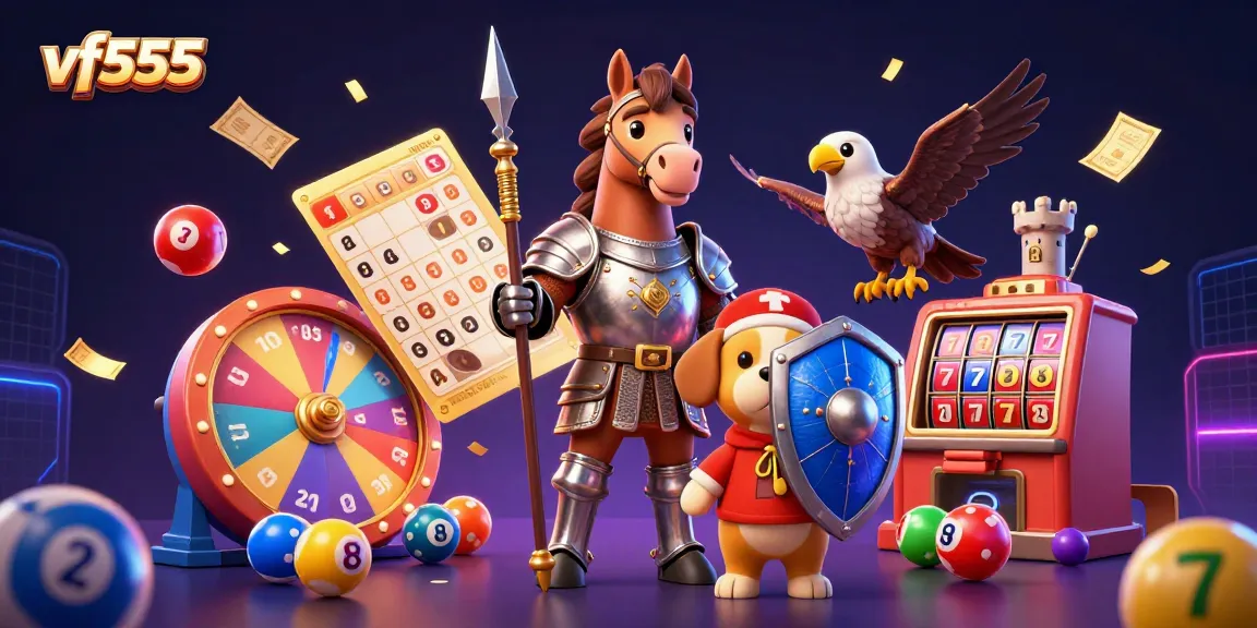 Engage with vf555's vibrant gaming world as lottery elements and playful characters interact in this dynamic scene.