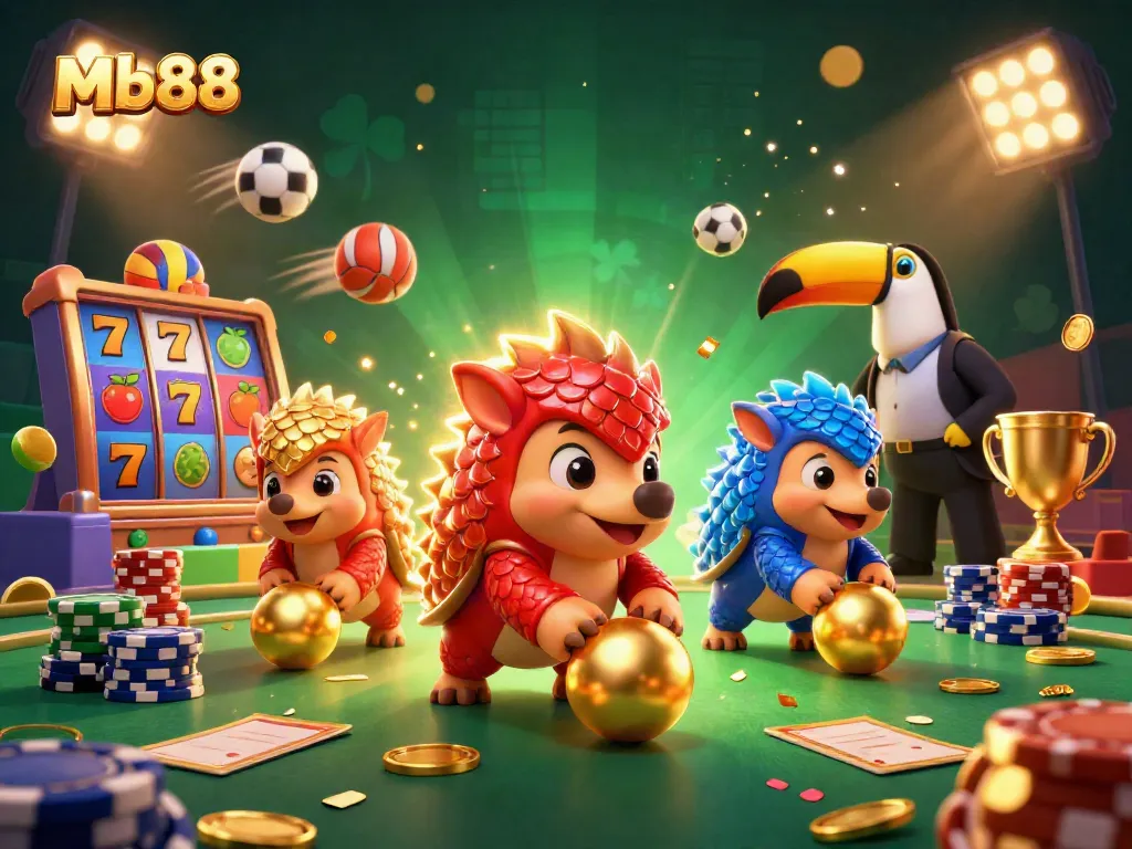 Experience the excitement of Mb88 with rival pangolins racing through poker chips in a vibrant casino setting.
