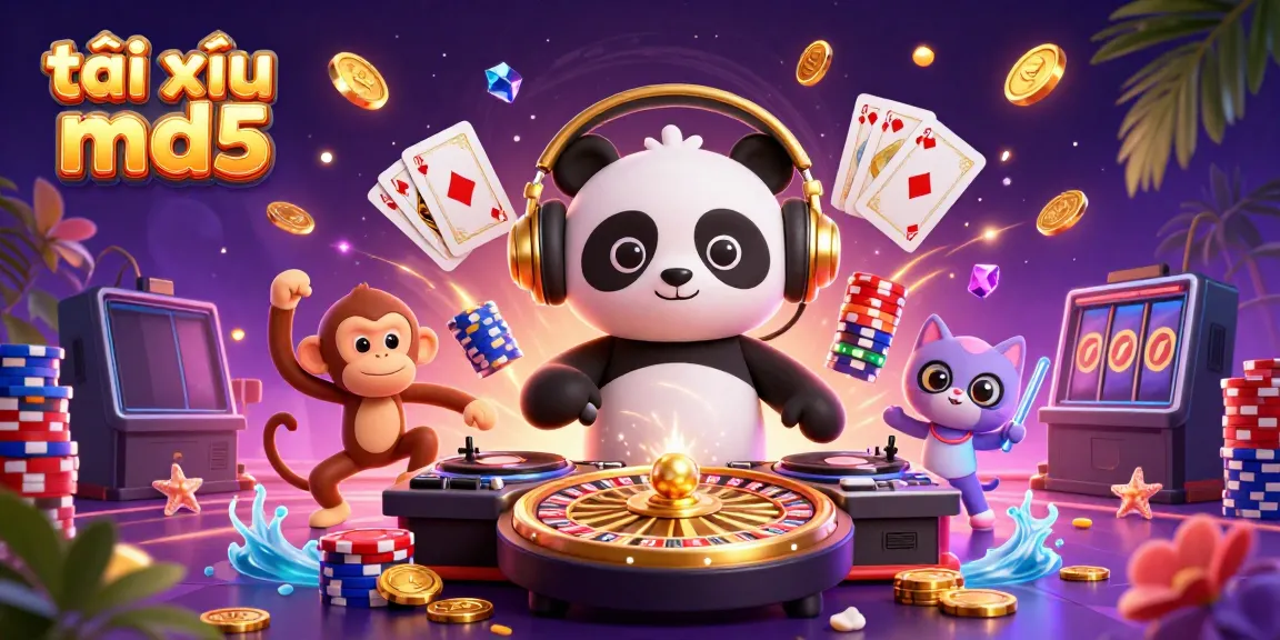 Experience the excitement of tài xỉu md5 gameplay with a vibrant 3D illustration of a DJ panda and friends.