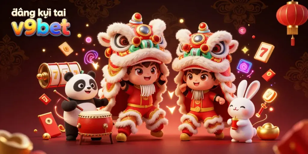 Engage in the vibrant atmosphere of đăng ký tài khoản v9bet with a festive lion dance and dynamic gaming elements.
