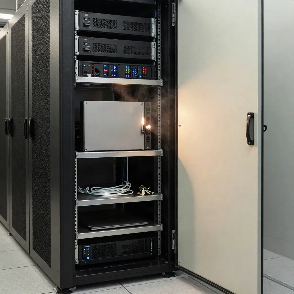 UK server room micro-SOC aisle with firewall, fibre, laptop, keys, and dramatic daylight.