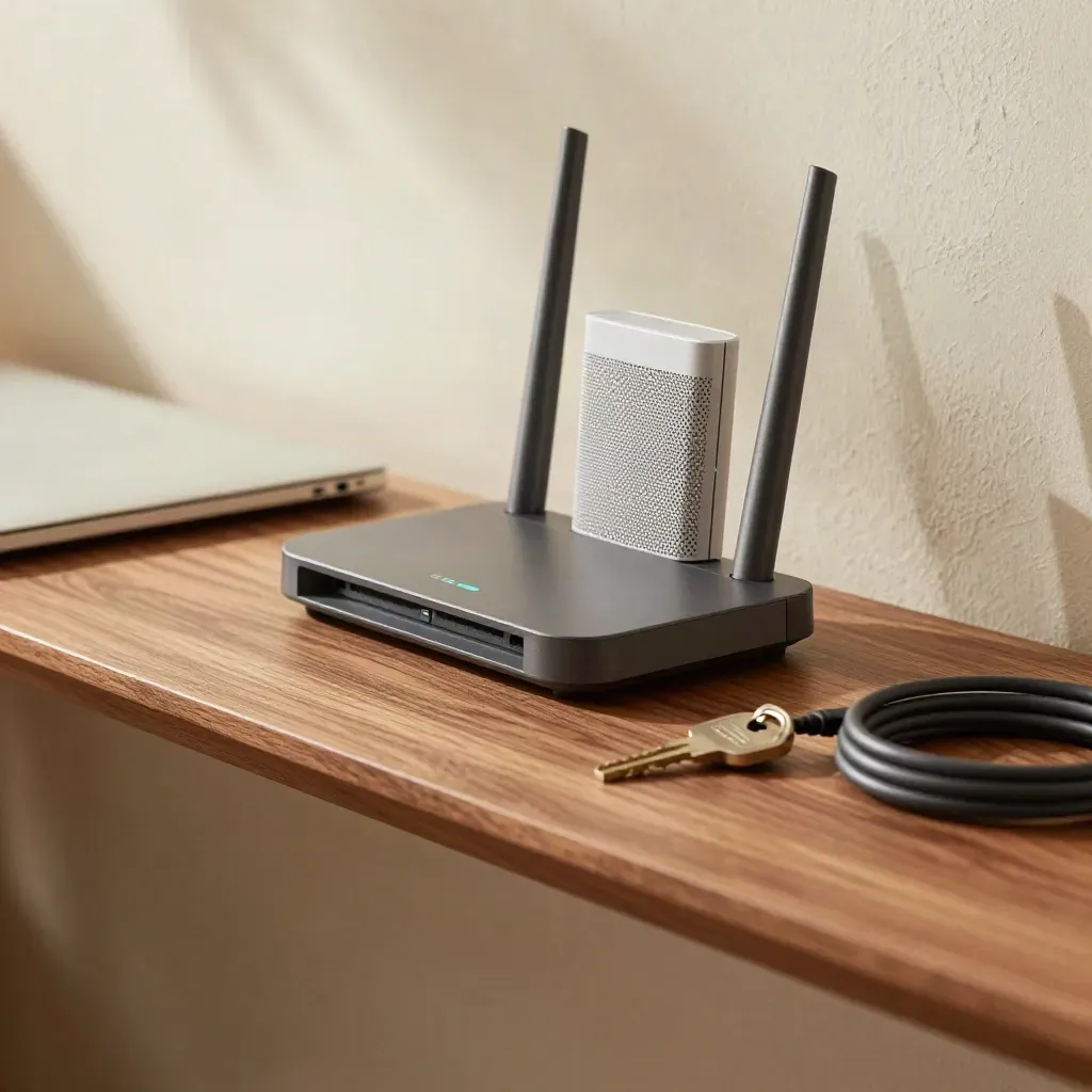 Cloud-hardened router, mesh node, laptop and security key on a warm oak shelf.