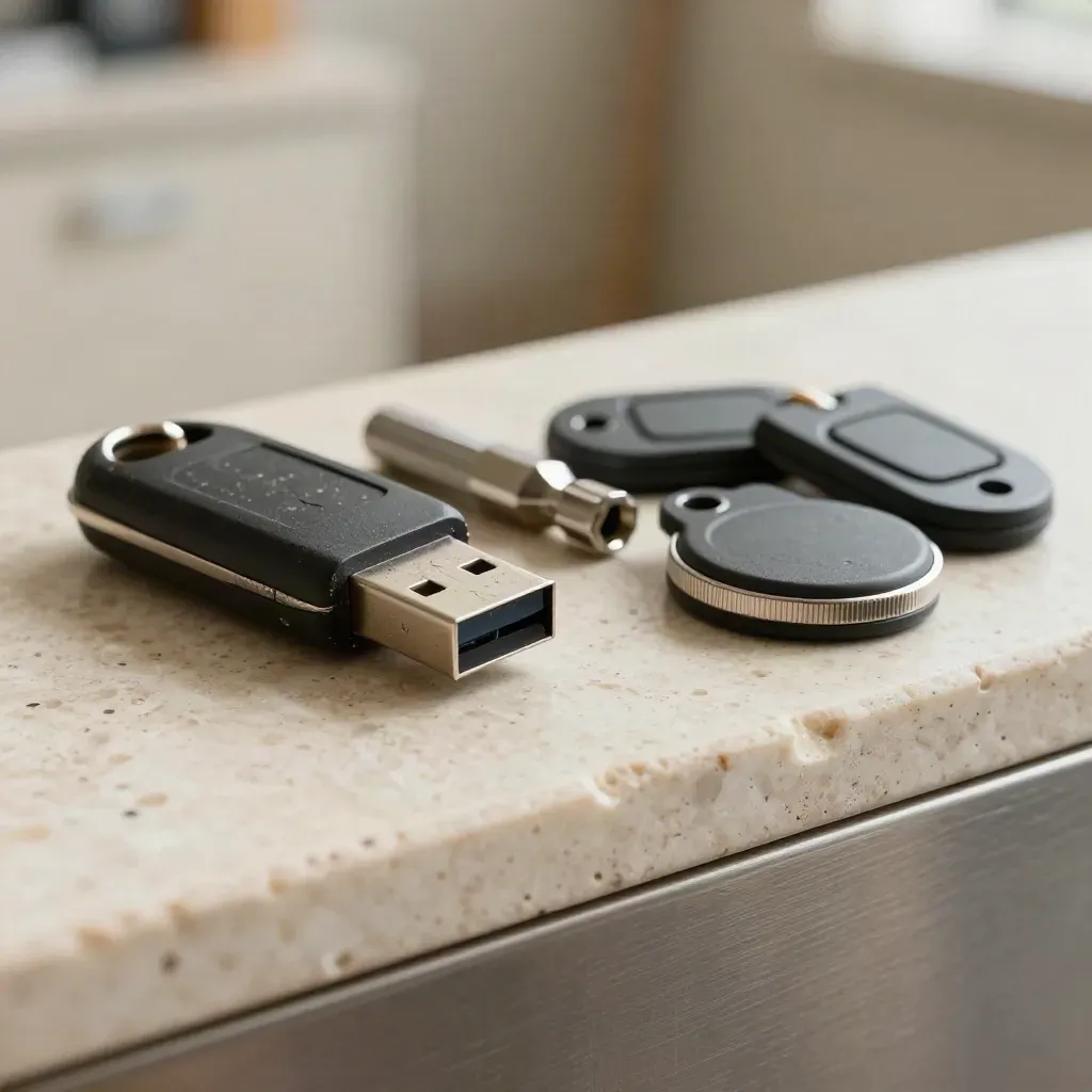 Macro security tools: USB key, torque bits and RFID pucks on metal and travertine.