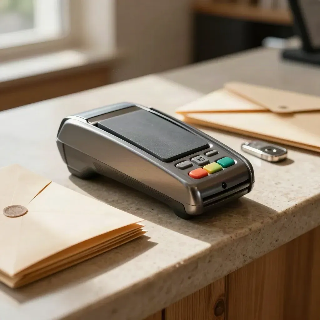 Blocked card reader, sealed envelope stack and two-factor token on stone in warm daylight