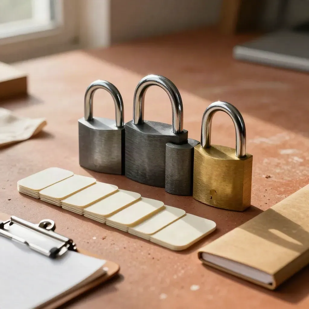 Compliance kit of padlocks, tamper seals, a metal clip and closed folder on a terracotta workbench.