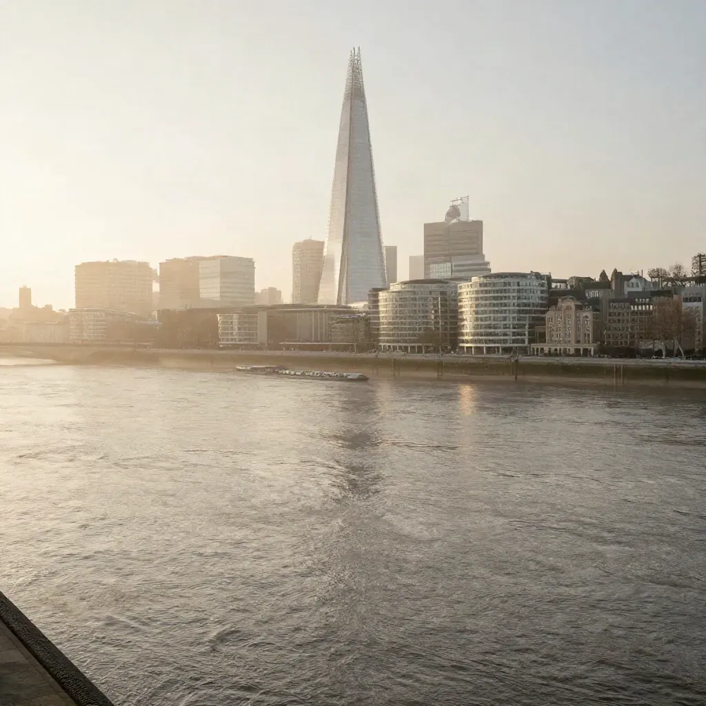London skyline at dawn with the Shard above a misty, calm Thames bend