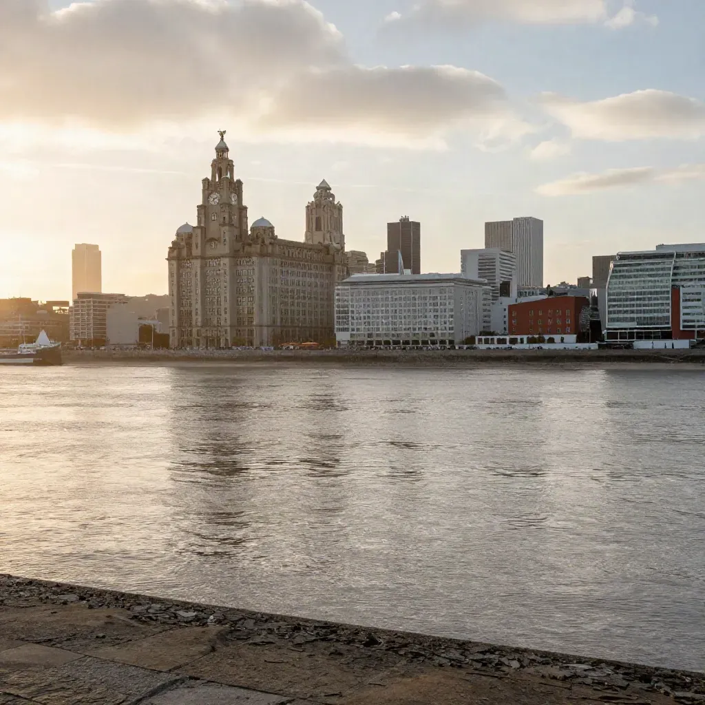 Liverpool waterfront skyline over a calm Mersey in evening haze, with open water below.