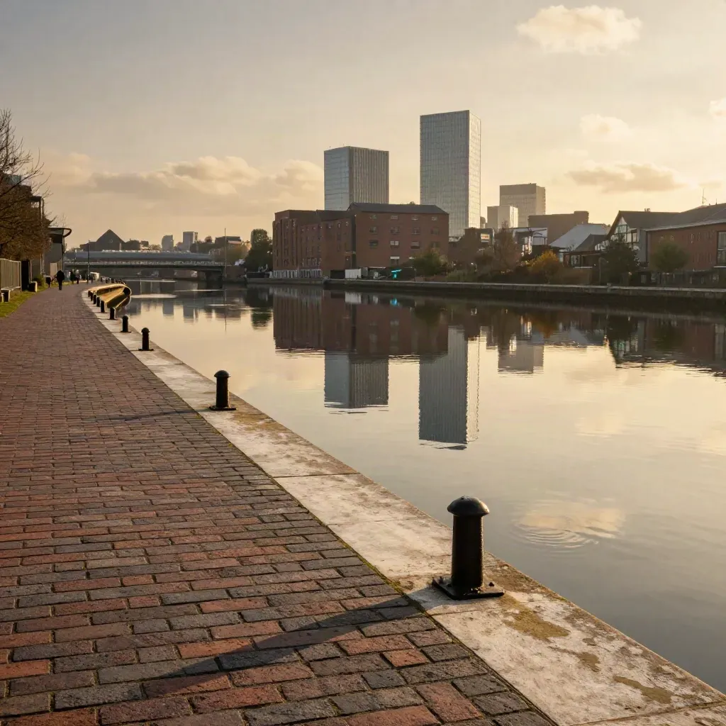 Birmingham canal reflections with skyline under golden haze and open copy space