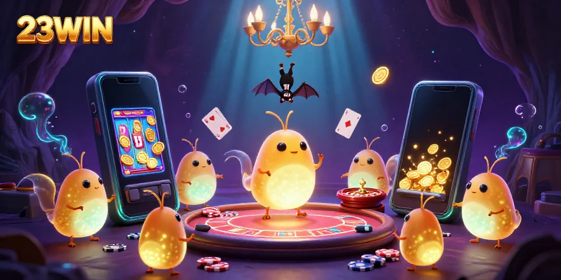 Glowworms light a vibrant casino for 23WIN, featuring slots, poker games, and bat dealer.
