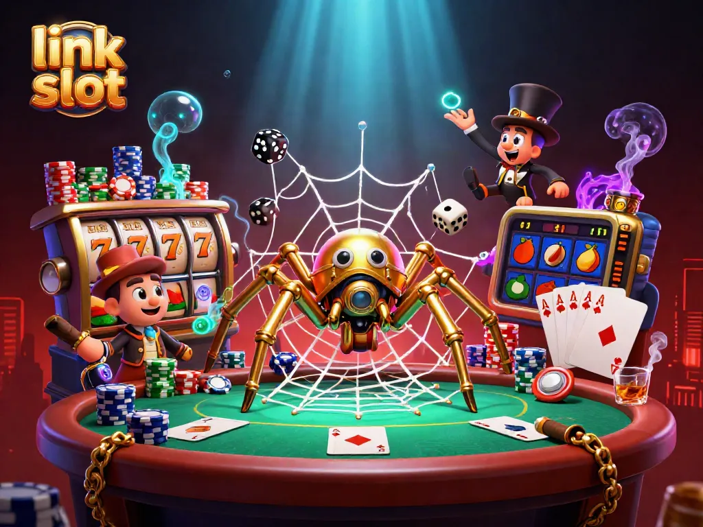 Experience thrilling gameplay with link slot featuring a steampunk spider and poker elements.