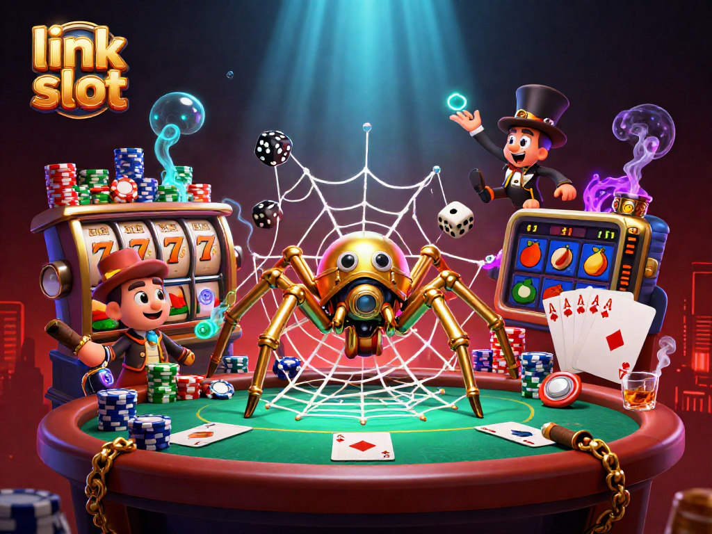 Experience thrilling gameplay with link slot featuring a steampunk spider and poker elements.