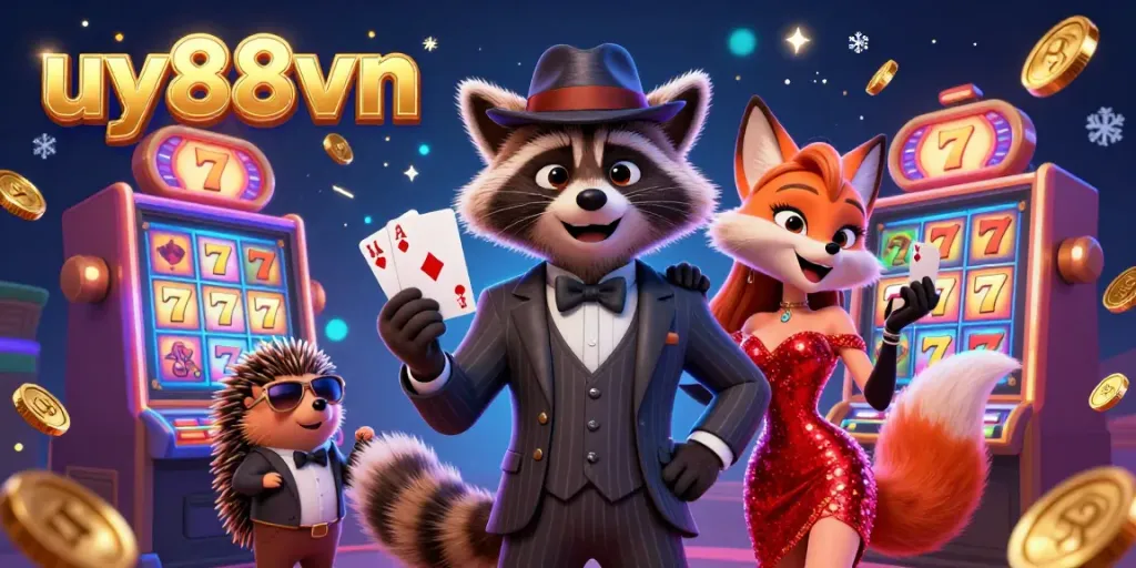 Experience the thrill of uy88vn as a suave raccoon holds a royal flush amidst slot machines and shimmering effects.