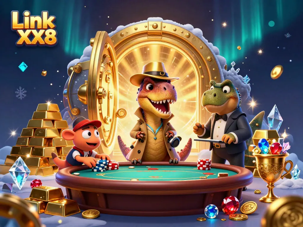 Engage with Link XX8 at a casino table, featuring cartoon dinosaurs in a vibrant, gem-filled setting.