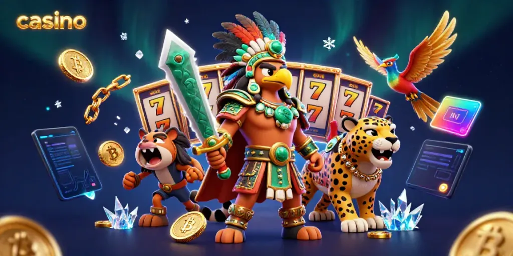 Engage in thrilling casino excitement with a colorful 3D scene showcasing an eagle warrior, jackpot symbols, and cryptocurrency elements.