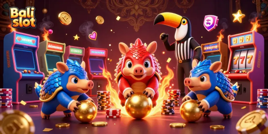 Engage with Bali slot's vibrant gaming scene featuring rival pangolins and dynamic casino elements.