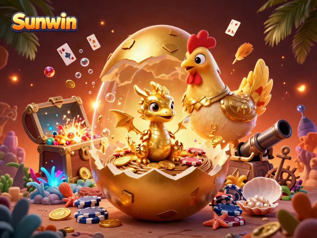Experience the thrill of Sunwin as a baby dragon emerges from a golden egg amidst a rich casino environment.