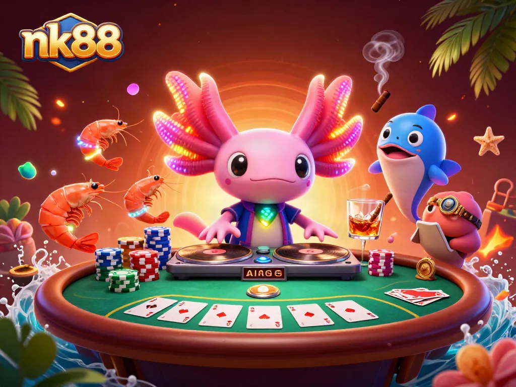 Engage with vibrant nk88 casino action featuring a neon axolotl DJ amidst poker excitement.