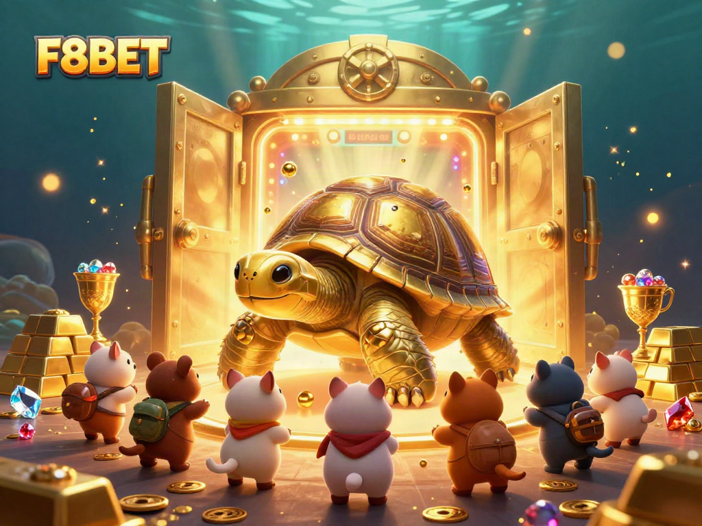 Engage with F8BET's colossal tortoise pinball machine in a lively casino scene.