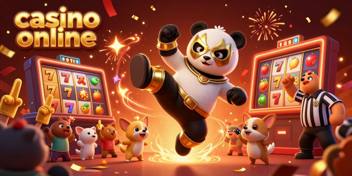 Engaging casino online scene with a panda wrestler, Chihuahua referee, and celebratory details like slot reels and confetti.