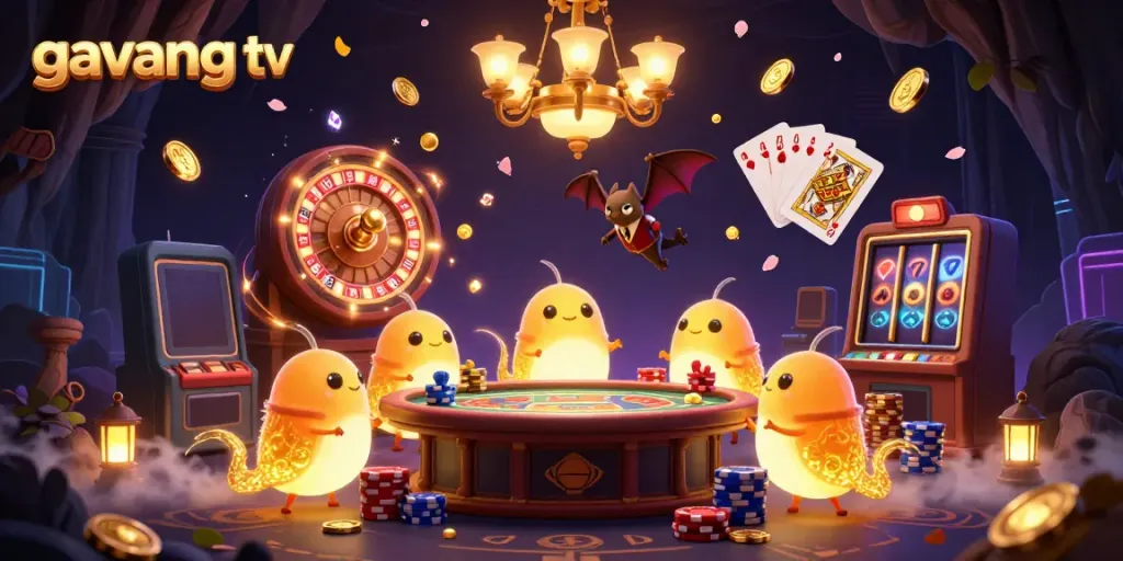 Watch exciting casino action with Gavang TV featuring vibrant animated characters lighting the scene.