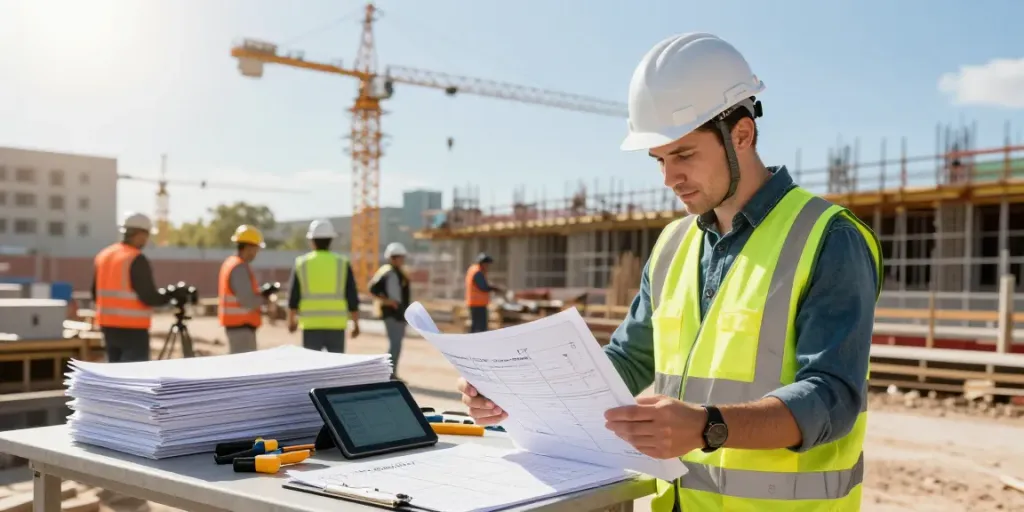 Quantity Surveyor reviewing bill of quantities services at a busy construction site.
