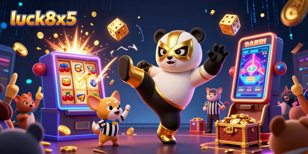 Join the excitement of luck8x5 with a dynamic scene featuring a panda wrestler and thrilling casino elements.